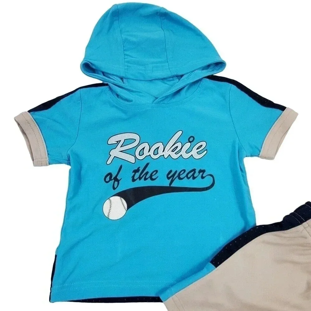 3-6m Boys ROOKIE OF THE YEAR Light Blue/Grey Hooded Tshirt/Shorts Athletic Set